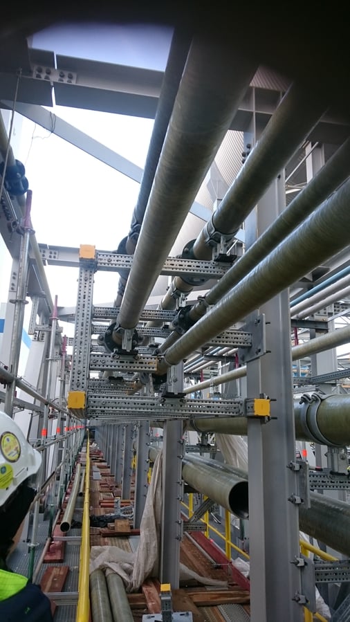 Wielopoziomowy system modułowy siFramo podtrzymujący równoległe rurociągi przemysłowe na estakadzie zewnętrznej.